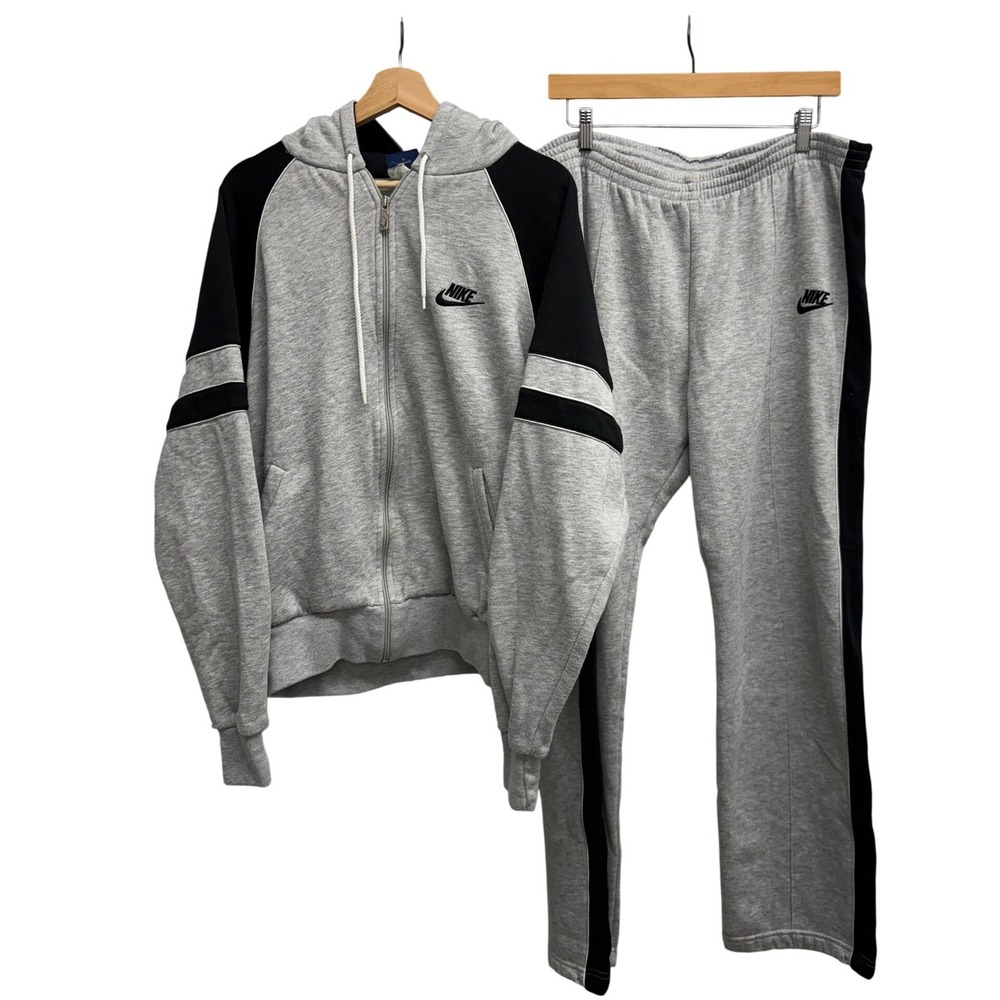 Vintage 70's Nike Tracksuit Set Mens XL Gray Black Full Zip Hoodie Sweatpants